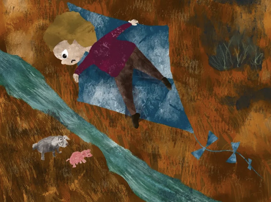 Drawing of boy riding on top of a kite